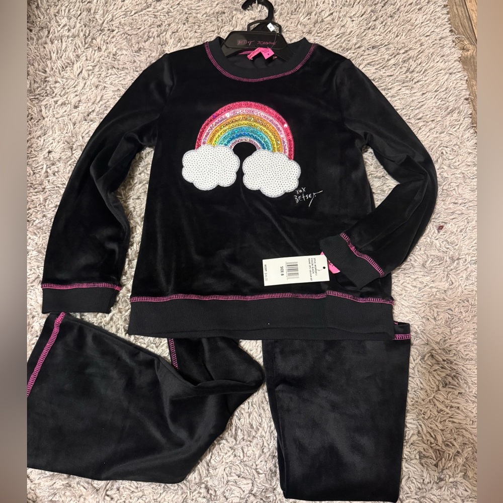 Betsey Johnson Black Pajama Set with Rainbow and Pink Accents